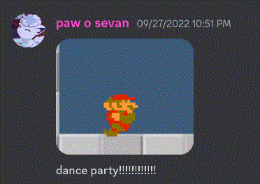 a screenshot of a video game that says paw o sevan 09/27/22 10:51 pm dance party