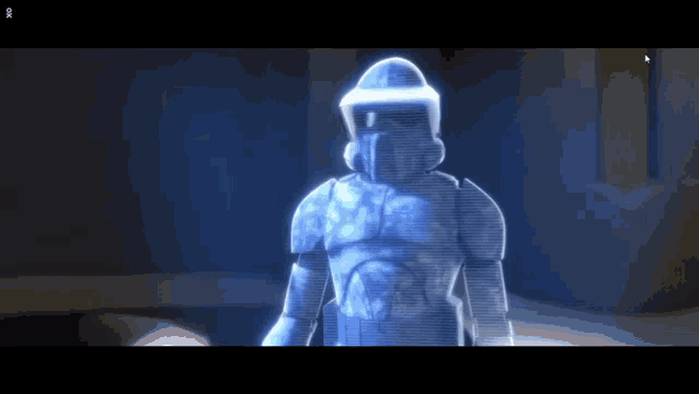 a hologram of a clone trooper from star wars is standing in a dark room .