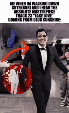 a man in a tuxedo is walking down a hallway with an arrow pointing to another man