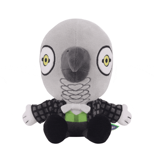 a stuffed animal that looks like a skeleton with a yellow eye