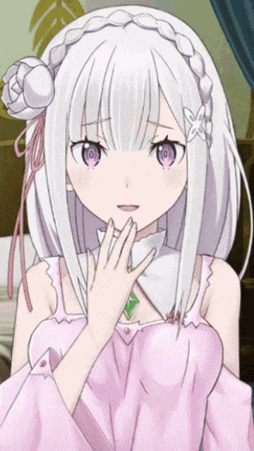 a girl with white hair and purple eyes is wearing a pink shirt