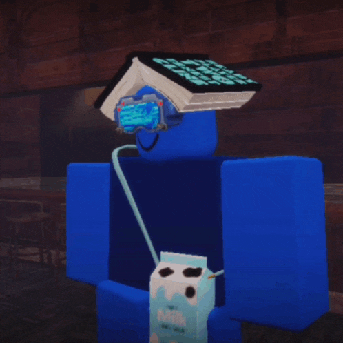 a blue robot with a book on top of his head that says ' fearless ' on the cover