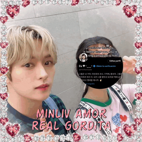 a picture of a man and a woman with minliv amor real gordita on the bottom