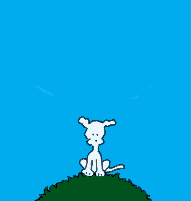 a cartoon dog is sitting on a hill with a heart in the sky