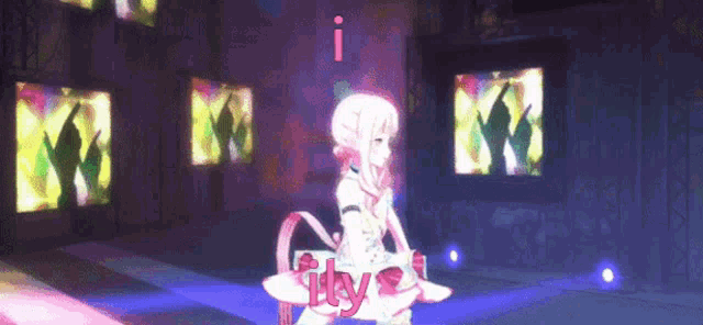 a girl in a white dress is standing on a stage with a sign that says hey s