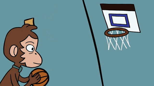 a cartoon monkey is playing basketball with a hoop that says xxx