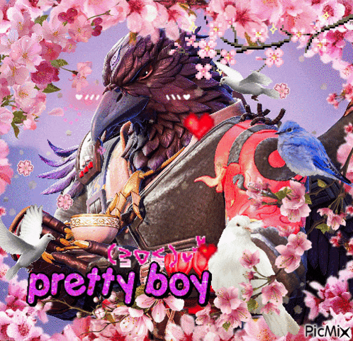 a picture of a bird surrounded by pink flowers with the words pretty boy on the bottom