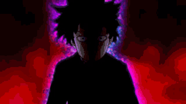 a pixel art of a man with a glowing face standing in the dark with a red background .