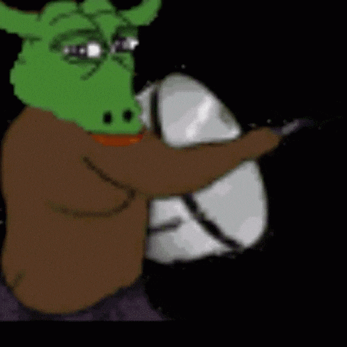 a cartoon character with a green head and horns is holding a white object in his hands .