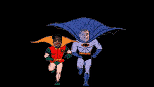 a man in a batman costume is running with a man in a robin costume