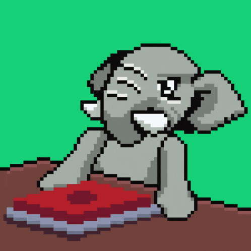 a pixel art drawing of an elephant laying on a red book