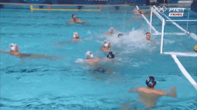 a group of men are playing water polo in a pool sponsored by ptcrt