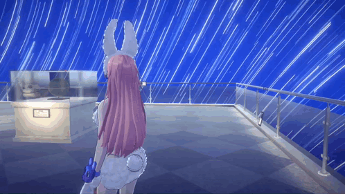 a girl with pink hair and bunny ears is standing on a balcony looking at the stars