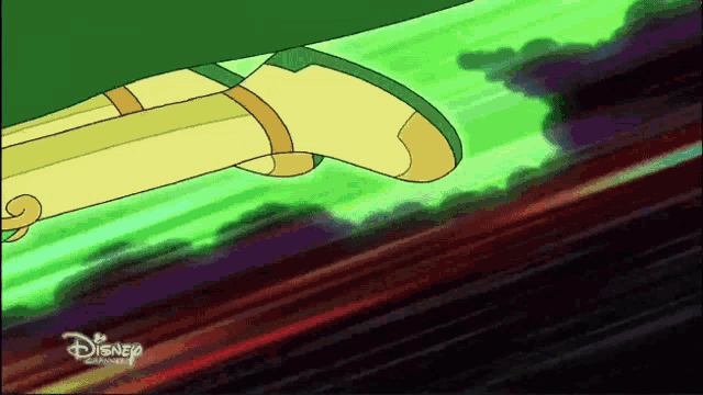 a cartoon character is flying through the air with disney written on the bottom