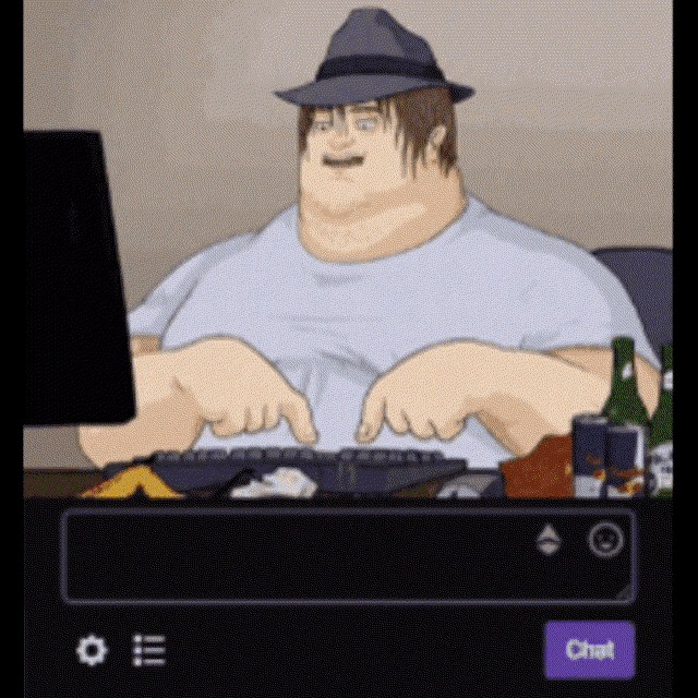 a cartoon of a fat man wearing a fedora sitting in front of a computer keyboard