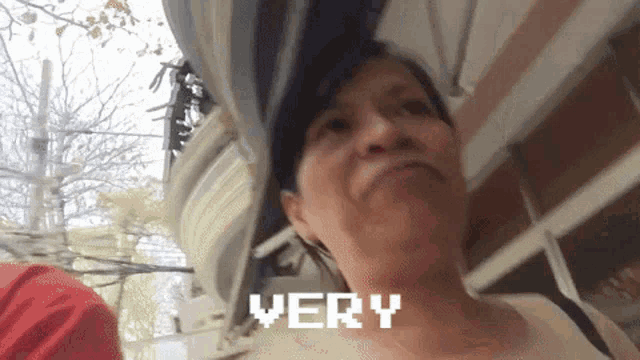 a woman is standing in front of a building and the word very is on her face