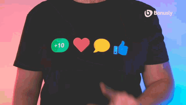 a man wearing a black shirt with a sticker that says bonusly on it