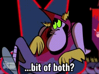 a cartoon character says " bit of both " in front of a large letter j