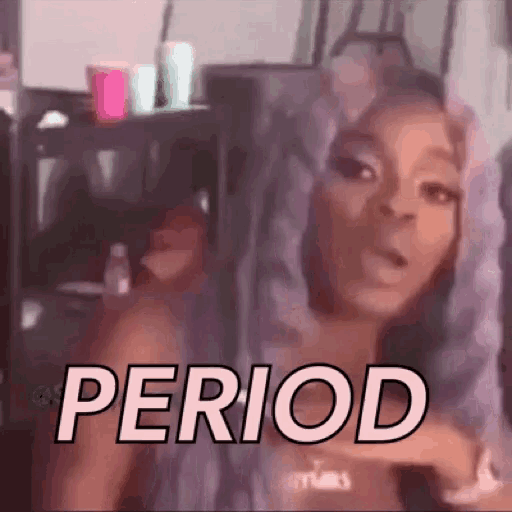 a woman with purple hair is smoking a cigarette and says period