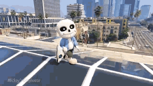 a cartoon of a skeleton riding a skateboard on top of a parking lot .