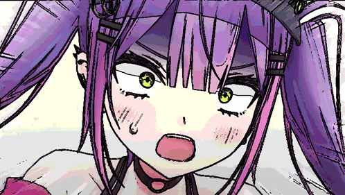 a drawing of a girl with purple hair and a choker that says tiny