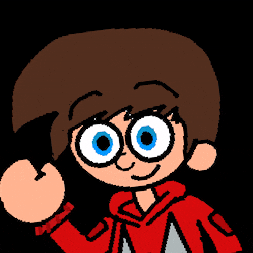 a cartoon character with brown hair and blue eyes is wearing a red shirt