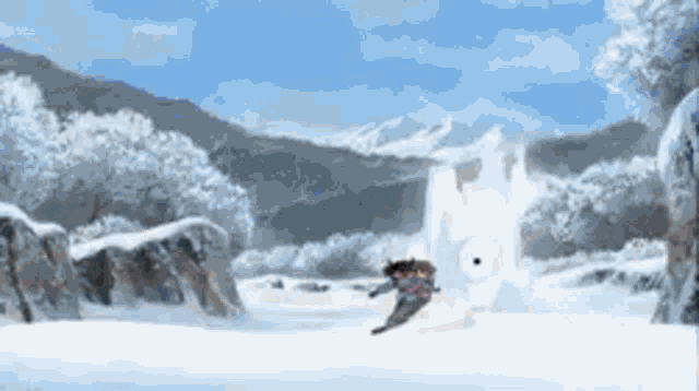 a person is playing in the snow with a snowman .