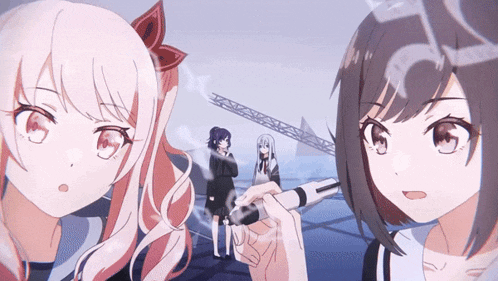 two anime girls are standing next to each other with one holding a lighter