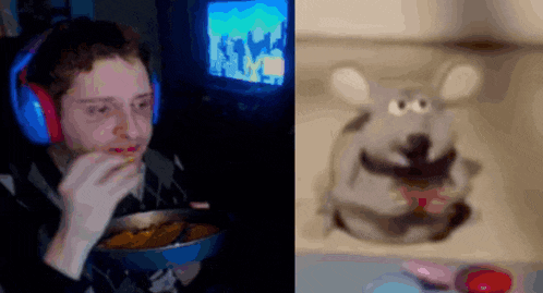 a man with headphones is eating a bowl of food next to a stuffed mouse