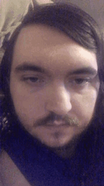 a man with a beard and mustache looks at the camera .