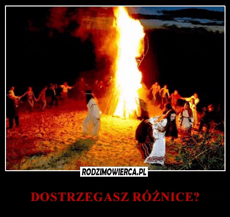 a group of people are dancing around a fire with the words dostrzegasz roznice in the corner