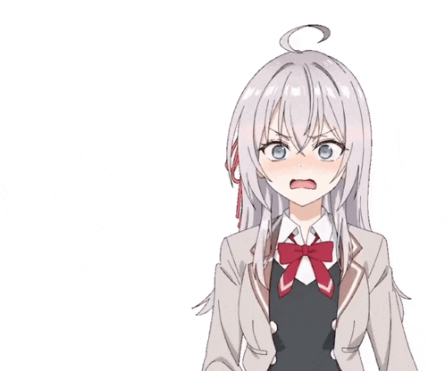 a girl with long white hair and a red bow tie is making a funny face
