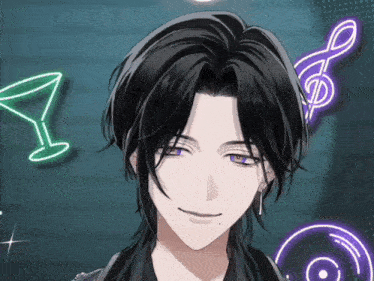 a man with black hair and purple eyes is smiling in front of a neon martini glass