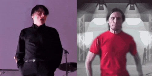 a man in a black shirt and a man in a red shirt