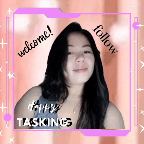 a picture of a woman with the words follow and welcome on it