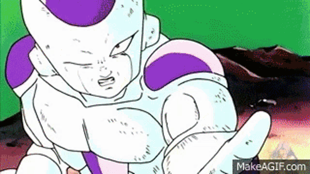 a cartoon of a man in a purple and white costume holding something in his hand .