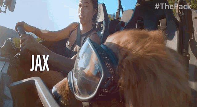 a woman is driving a vehicle with a dog wearing goggles and the word jax is visible