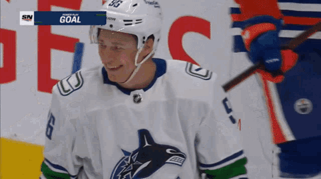 a hockey player with the number 36 on his jersey is smiling