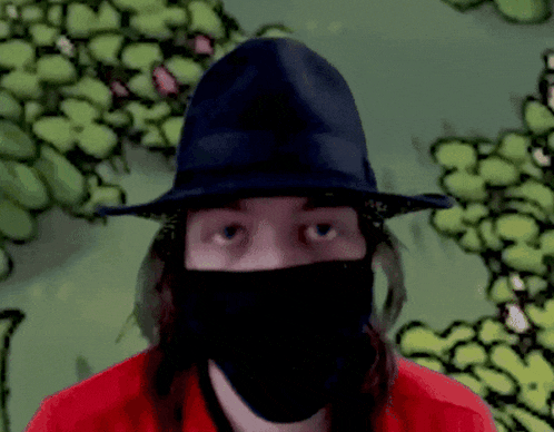 a man wearing a mask and a hat is looking at the camera