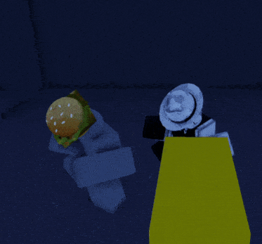 a cartoon character with a hamburger on his head stands next to another character