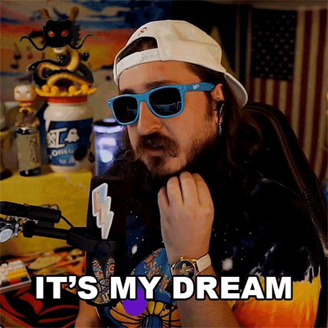 a man with a beard wearing sunglasses and a hat says it 's my dream