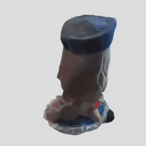 a person in a blue hat is standing next to a piece of bread that is on fire .