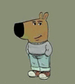 a cartoon bear wearing a sweater and jeans is standing on a gray background .
