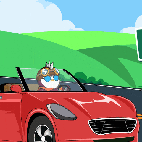 a cartoon character is driving a red car
