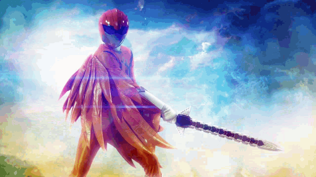 a painting of a person holding a sword in front of a blue sky