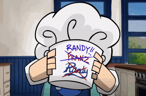 a cartoon character is holding a cup that says randy on it