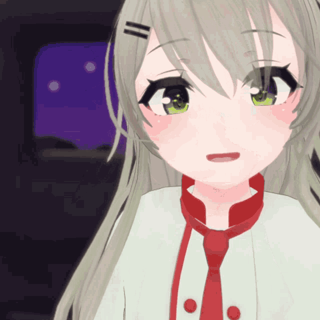 a close up of a girl 's face with green eyes and a red tie