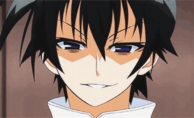 a close up of a anime character 's face with black hair and blue eyes