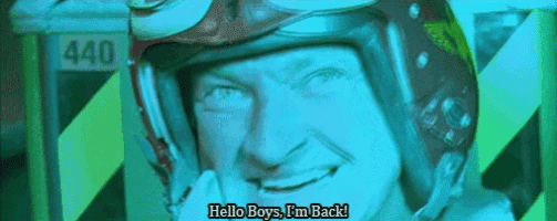 a man wearing a helmet with the words hello boys i 'm back on it
