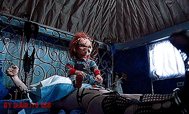a creepy doll is sitting on a bed with the words by diablito 666 written below it